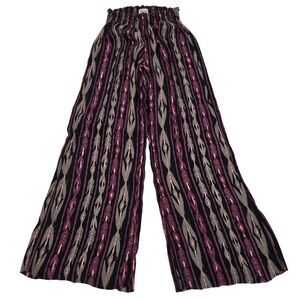 Mudd Palazzo Pants Women 0 Purple Ikat High Waist Wide Leg Smocked Boho Raw Hem